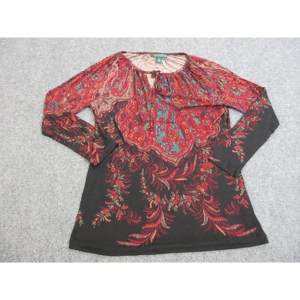 Lauren Ralph Lauren Shirt Womens Large Black Red Paisley Floral Boho Peasant Top